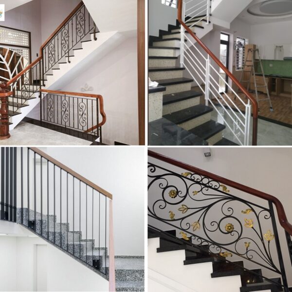 tay vịn gỗ cầu thang lan can sắt đẹp